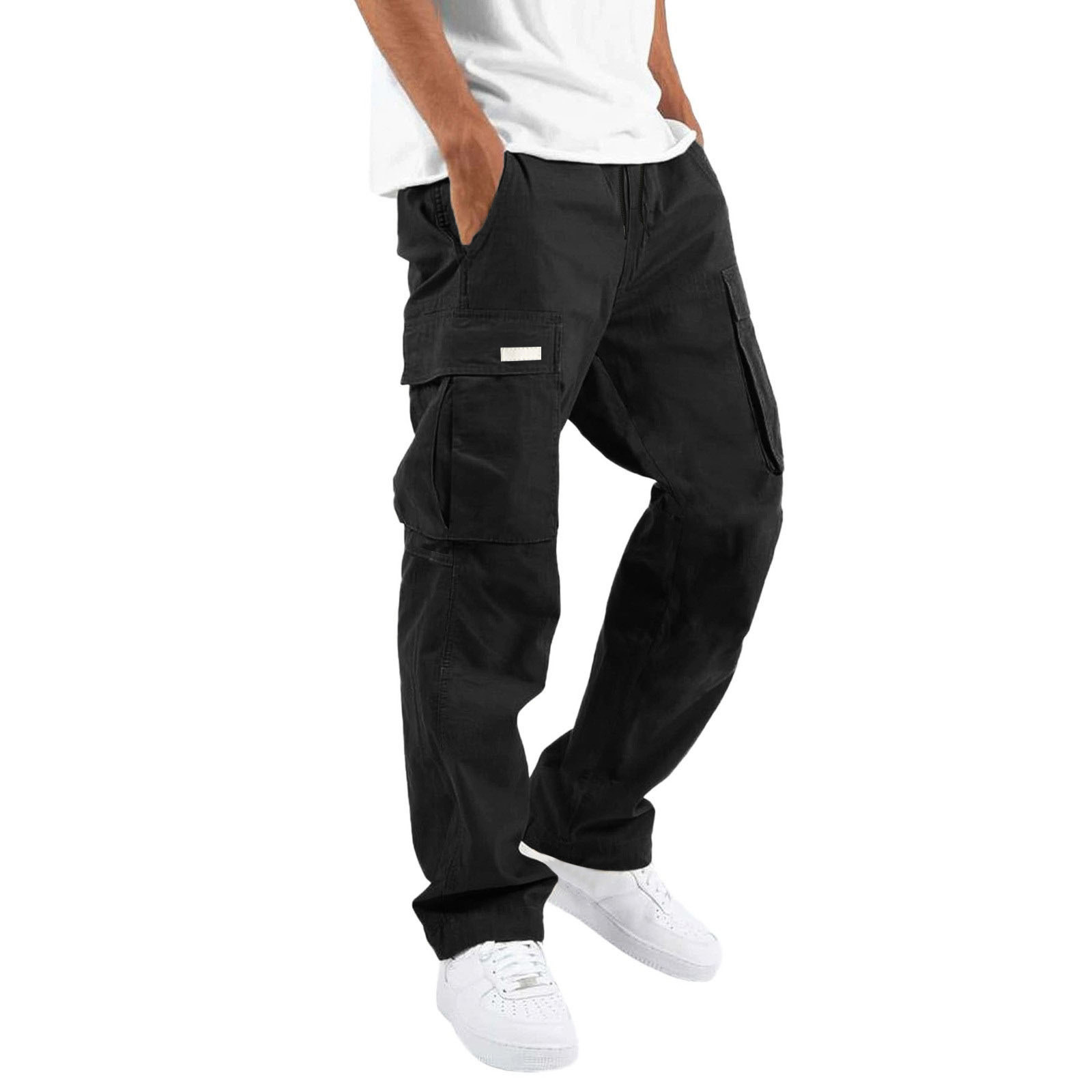 thumbnail image 2 of Pantalones cargo de ocio urbano para hombre - Diseño de cinta de patchwork - Tejido, cuatro bolsillos - Cintura elástica, ajuste estándar - Ocasiones informales/playa/deporte, 2 of 6